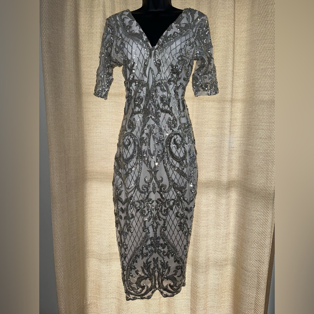 CUSTOM Stunning white & silver sequin midi bodycon dress.